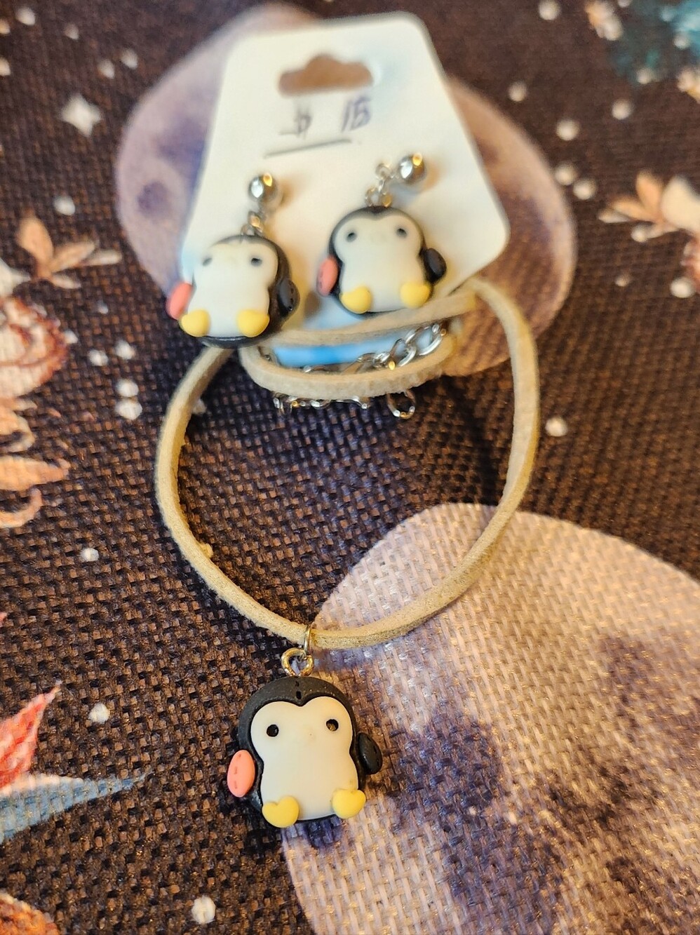 Resin Penguin Charms On Leather Cord & Stainless Steel Earring Posts